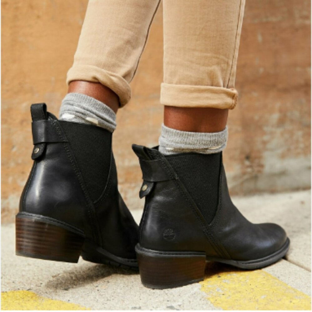 TIMBERLAND Sutherlin Bay Chelsea Boots Black Leather 8 Heeled Bootie A1T84 Women
